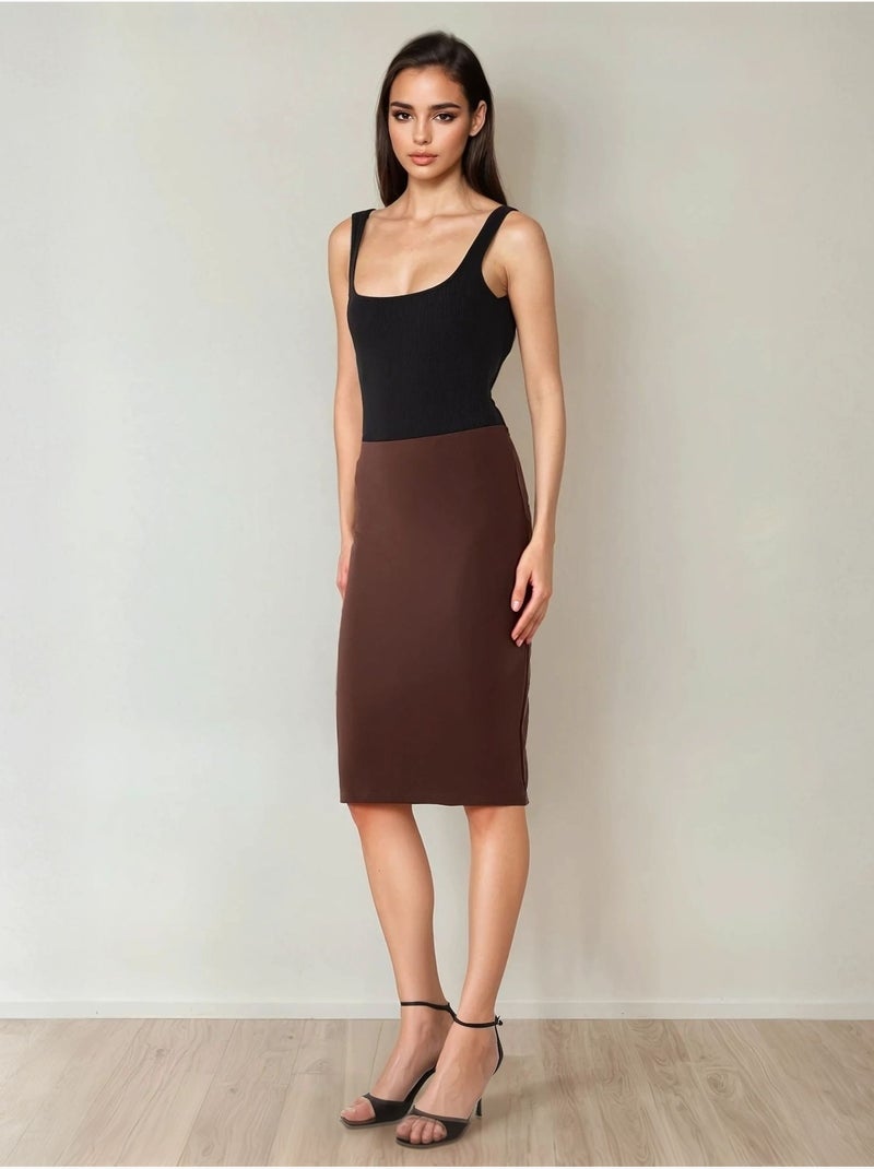 Jupe midi moulante taille haute Marron chocolat - Kiabi
