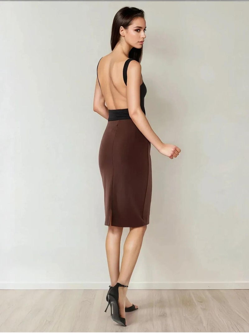 Jupe midi moulante taille haute Marron chocolat - Kiabi