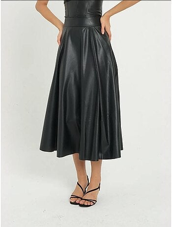 Jupe midi plissée taille haute en similicuir