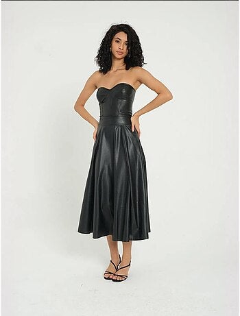 Jupe midi plissée taille haute en similicuir
