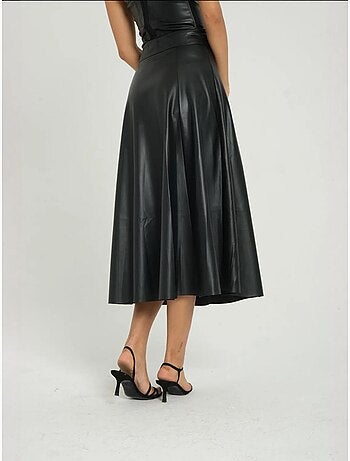 Jupe midi plissée taille haute en similicuir