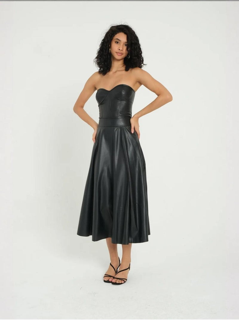 Jupe midi plissée taille haute en similicuir Noir - Kiabi