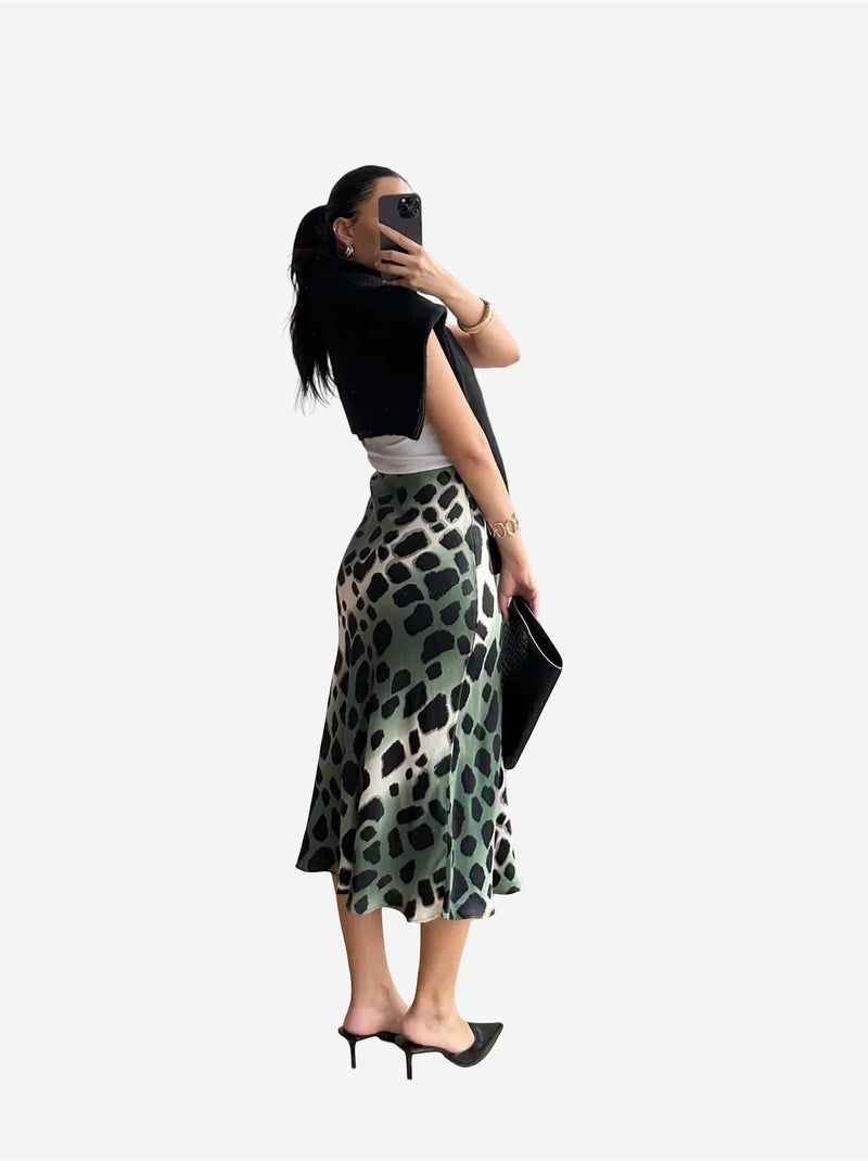 Jupe midi rayée léopard mixray Kaki - Kiabi