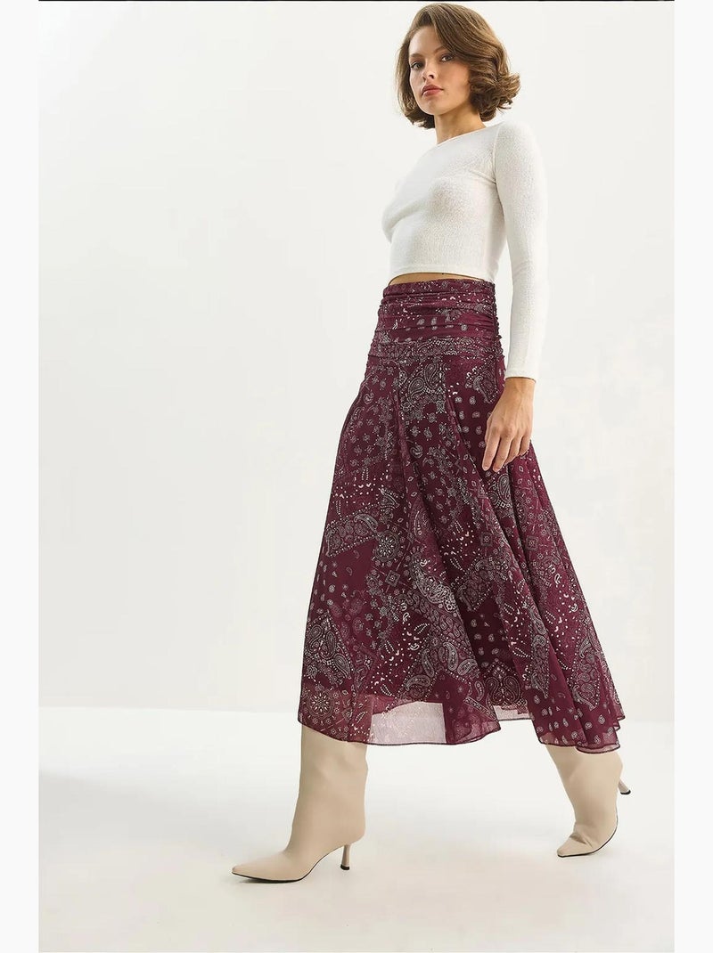 Jupe midi taille haute à imprimé ethnique lucci Rouge bordeaux - Kiabi