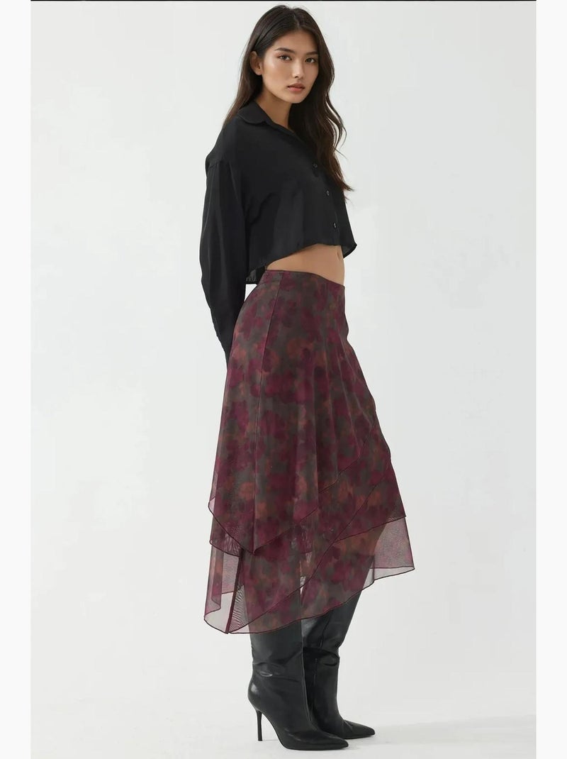 Jupe midi taille haute à imprimé floral hiccup Rouge bordeaux - Kiabi