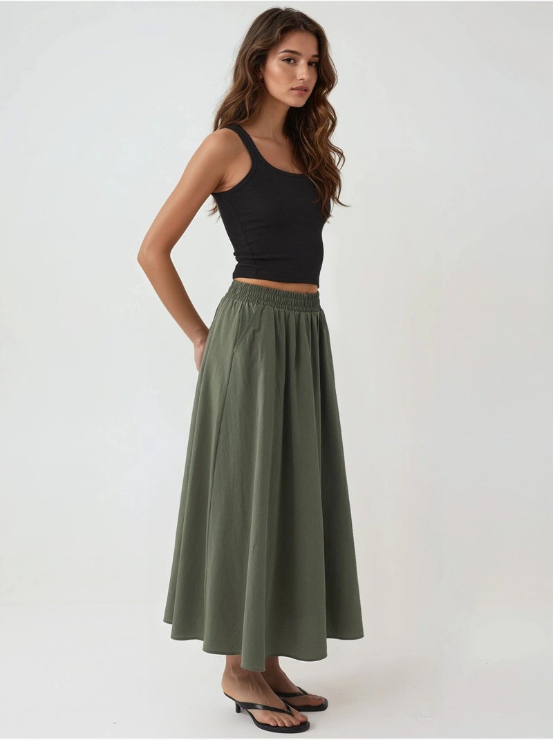 Jupe midi taille haute avec élastique busem Vert kaki - Kiabi