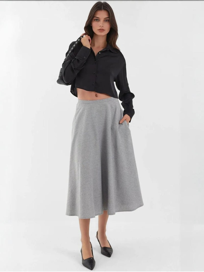 Jupe midi taille haute en a avec fermeture éclair Gris - Kiabi