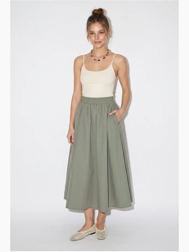 Jupe midi taille haute en popeline de coton lucci Kaki - Kiabi