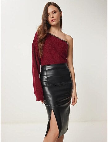 Jupe midi taille haute en similicuir avec fente istanbul