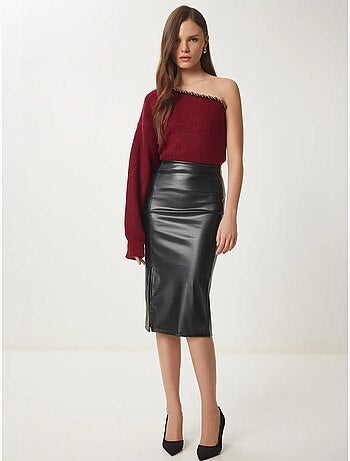 Jupe midi taille haute en similicuir avec fente istanbul