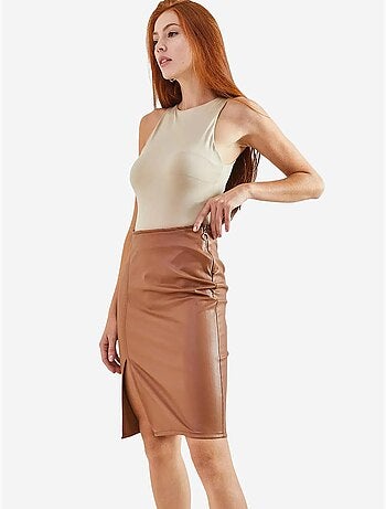 Jupe midi taille haute en similicuir avec fente lucci