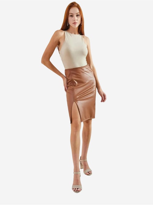 Jupe midi taille haute en similicuir avec fente lucci - Kiabi