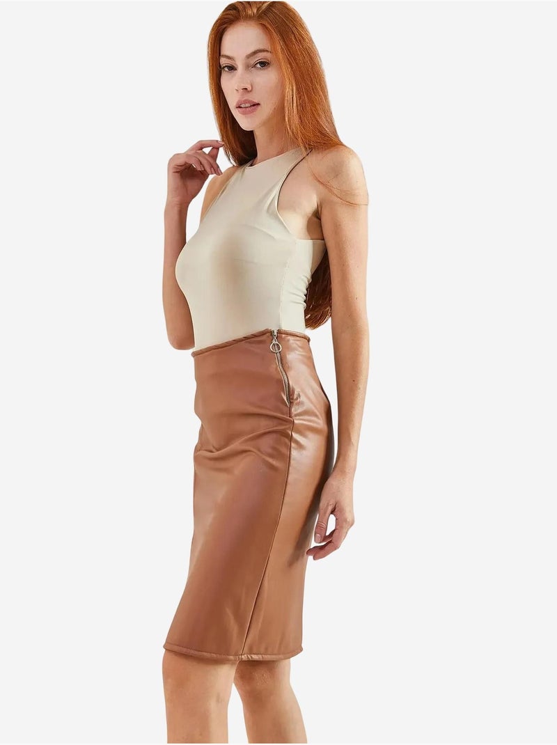 Jupe midi taille haute en similicuir avec fente lucci Marron chocolat - Kiabi