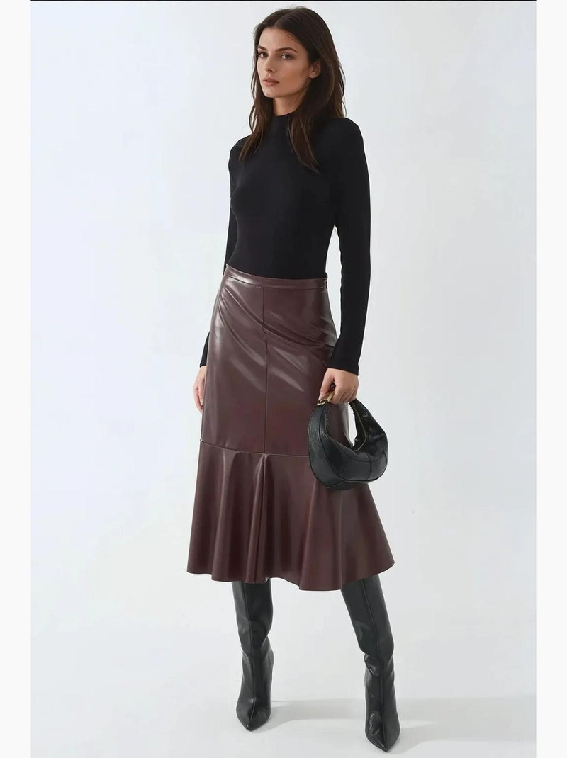 Jupe midi taille haute en similicuir hiccup Rouge bordeaux - Kiabi