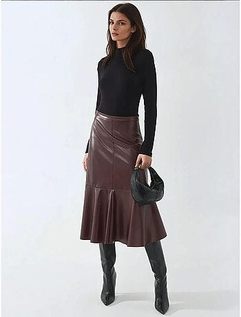Jupe midi taille haute en similicuir