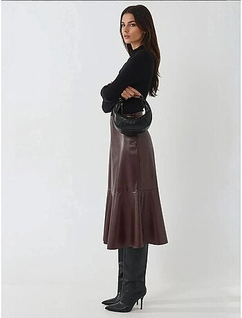 Jupe midi taille haute en similicuir
