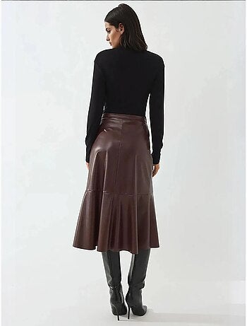 Jupe midi taille haute en similicuir