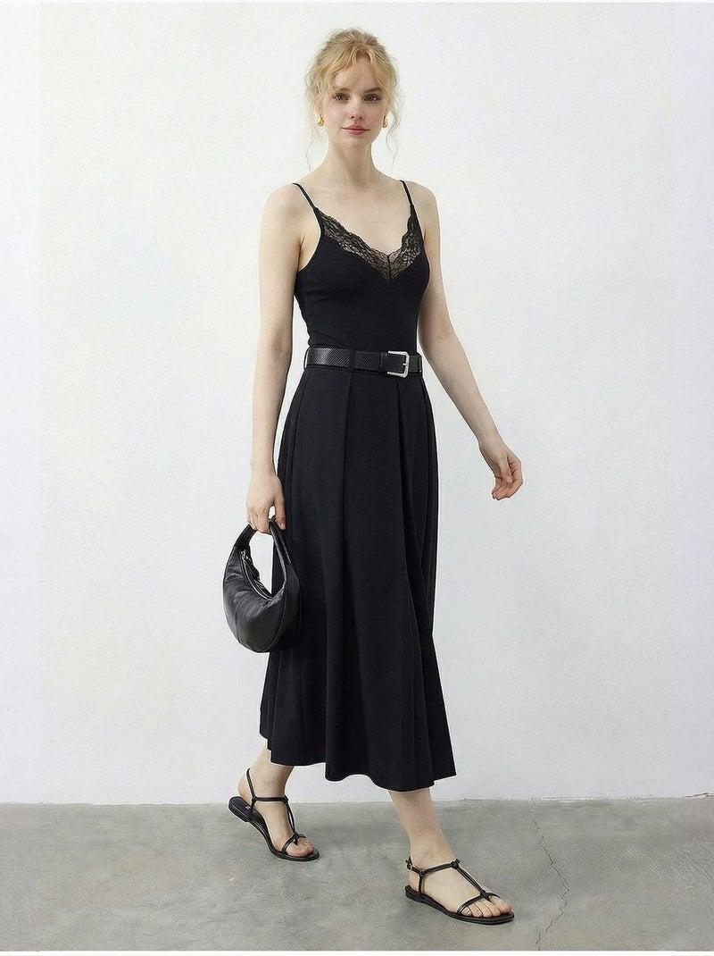 Jupe midi texturée taille haute avec ceinture lucci Noir - Kiabi