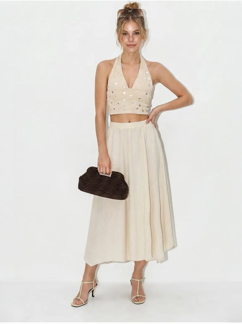 Jupe midi trapèze à taille haute lucci Crème - Kiabi