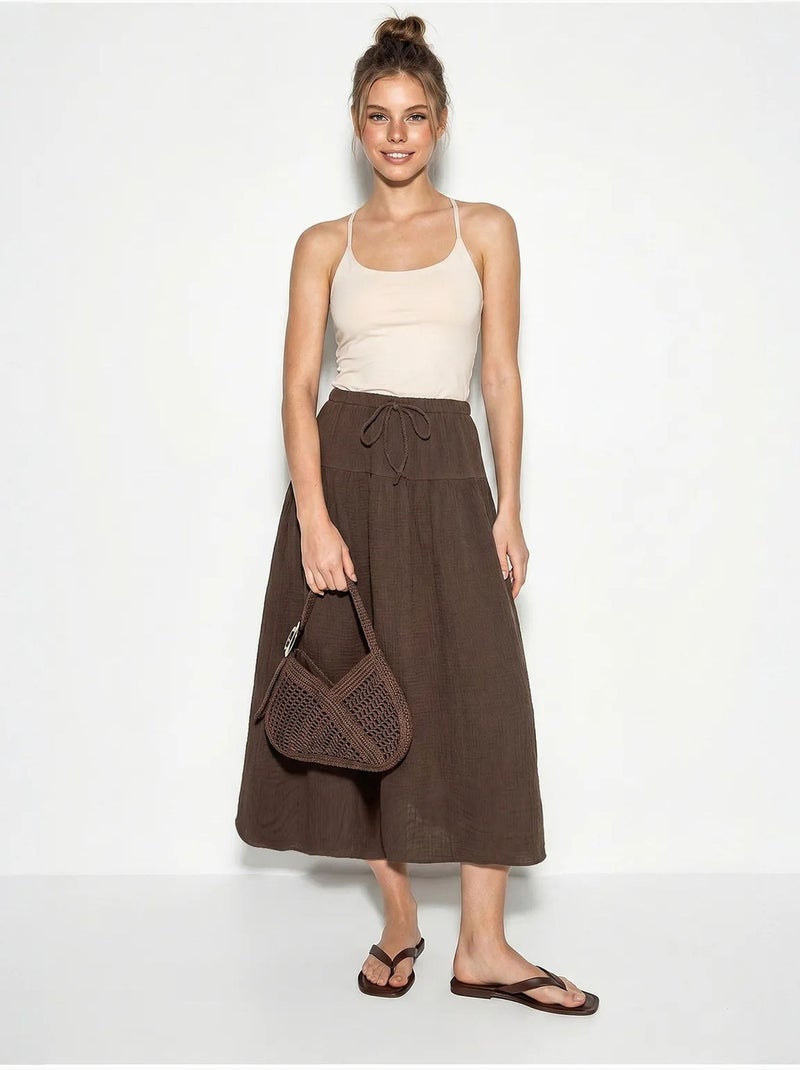 Jupe midi trapèze à taille haute lucci Marron - Kiabi