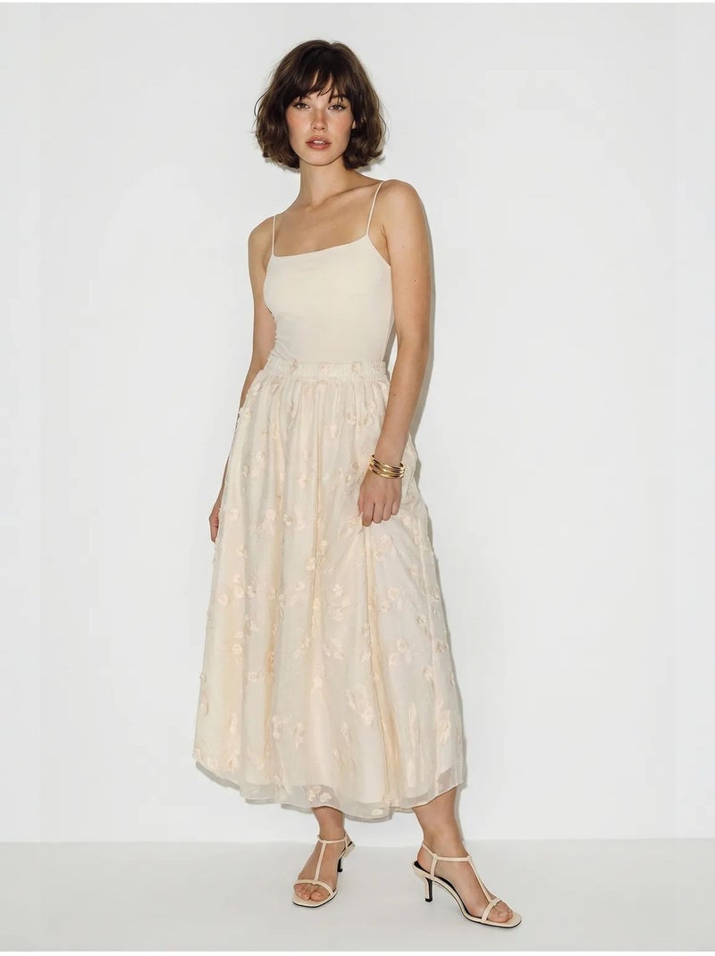 Jupe midi trapèze brodée à taille haute lucci Crème - Kiabi