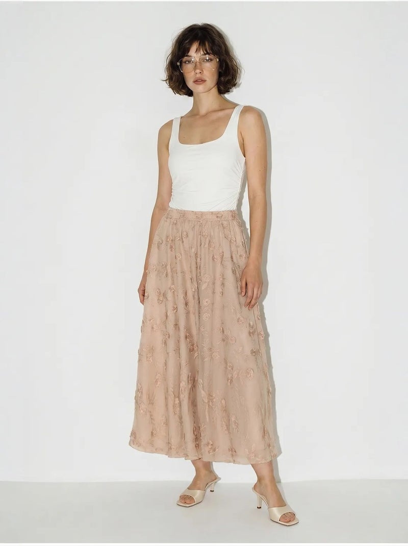 Jupe midi trapèze brodée à taille haute lucci Vieux rose - Kiabi