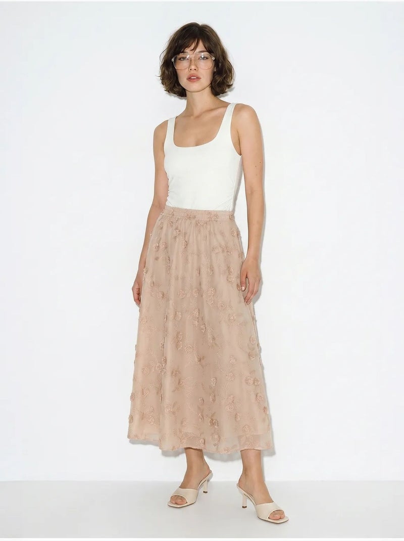Jupe midi trapèze brodée à taille haute lucci Vieux rose - Kiabi