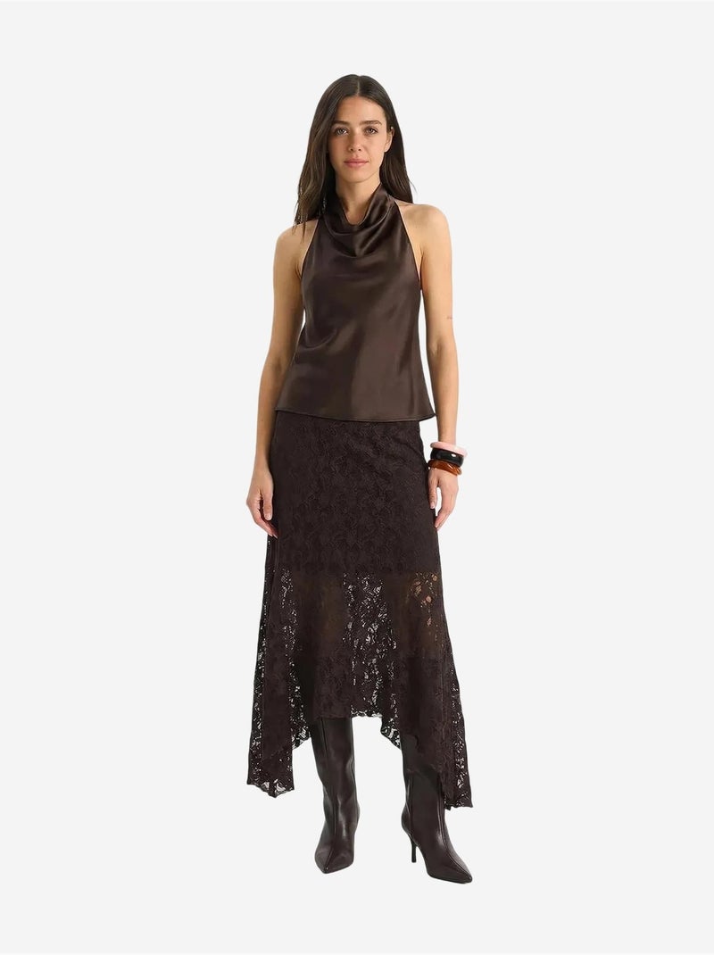 Jupe midi trapèze en dentelle taille haute lucci Marron chocolat - Kiabi