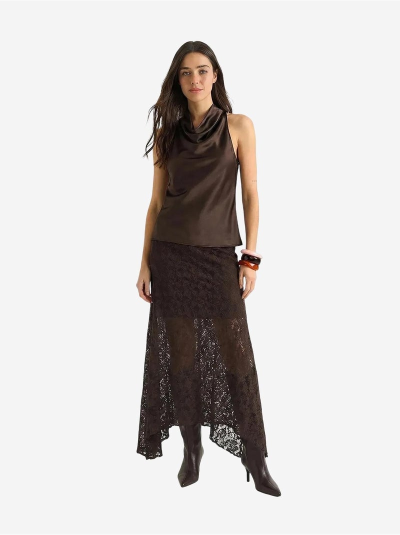 Jupe midi trapèze en dentelle taille haute lucci Marron chocolat - Kiabi