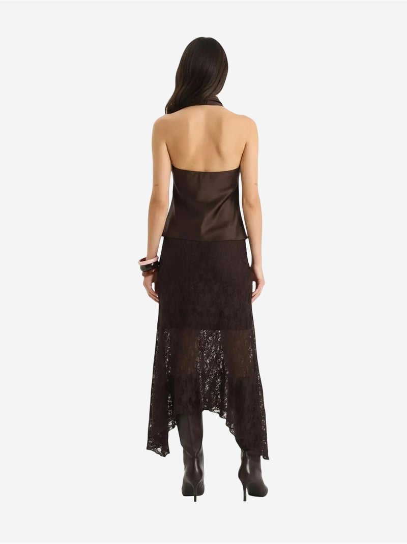 Jupe midi trapèze en dentelle taille haute lucci Marron chocolat - Kiabi