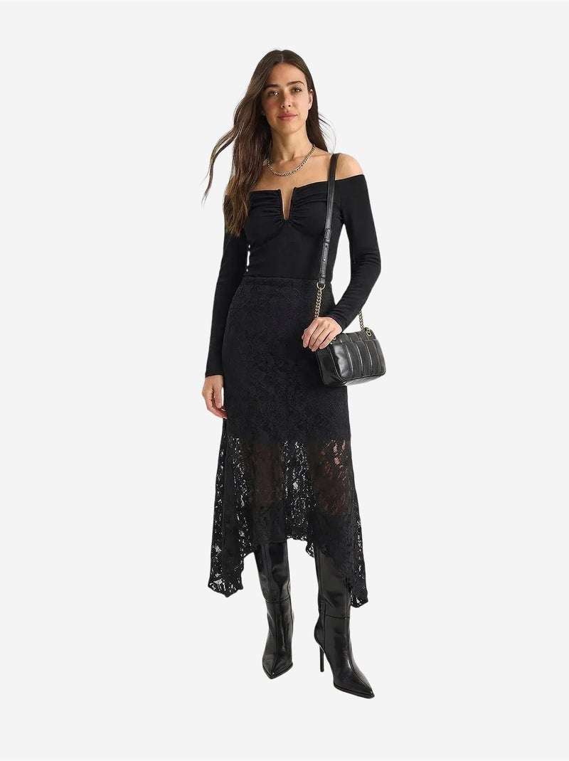 Jupe midi trapèze en dentelle taille haute lucci Noir - Kiabi