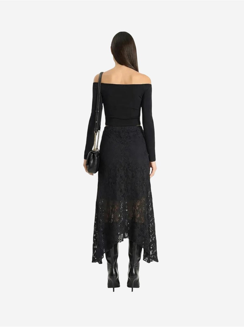 Jupe midi trapèze en dentelle taille haute lucci Noir - Kiabi