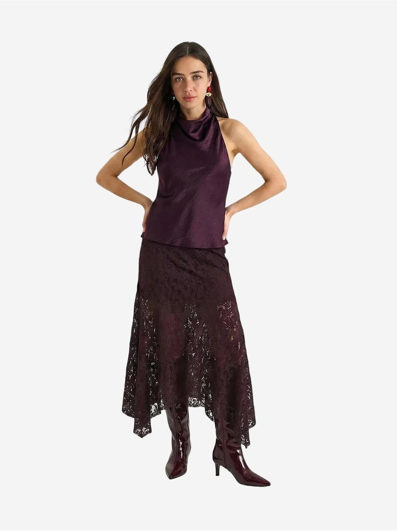 Jupe midi trapèze en dentelle taille haute lucci Violet aubergine - Kiabi