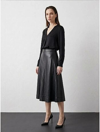 Jupe midi trapèze en simili cuir à taille haute my fashion