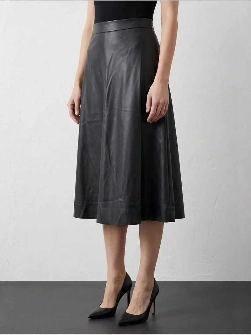 Jupe midi trapèze en simili cuir à taille haute my fashion Noir Orange clair Noir - Kiabi