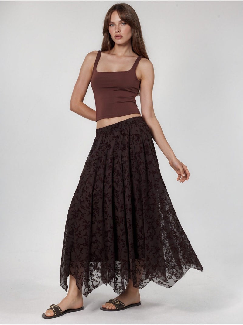 Jupe midi trapèze taille haute à fleurs Marron foncé - Kiabi