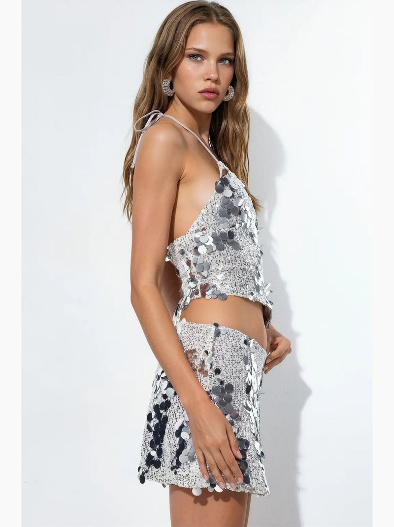 Jupe mini femme taille haute, ligne a, à sequins busem Argent - Kiabi