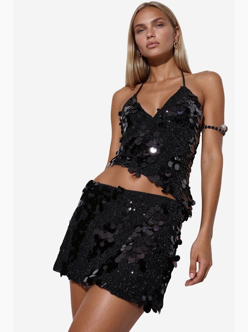 Jupe mini femme taille haute, ligne a, à sequins busem Noir - Kiabi