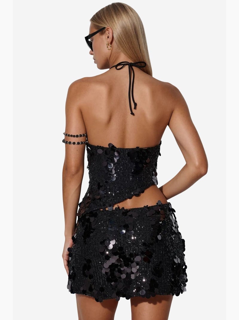 Jupe mini femme taille haute, ligne a, à sequins busem Noir - Kiabi