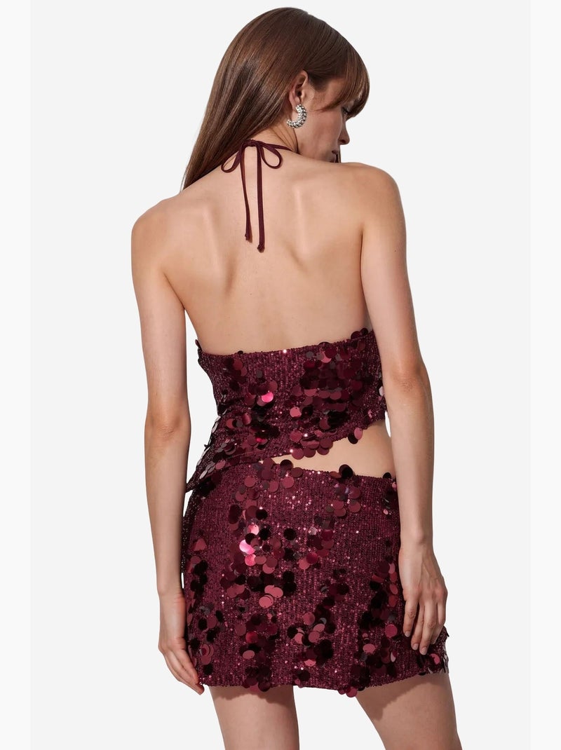 Jupe mini femme taille haute, ligne a, à sequins busem Rouge bordeaux - Kiabi
