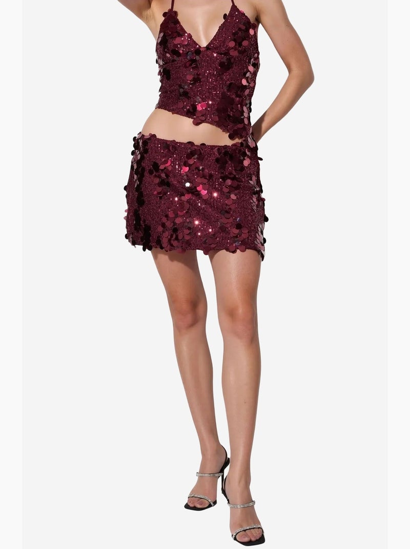 Jupe mini femme taille haute, ligne a, à sequins busem Rouge bordeaux - Kiabi