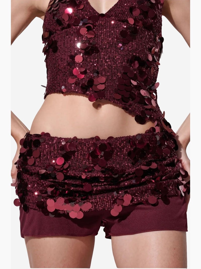 Jupe mini femme taille haute, ligne a, à sequins busem Rouge bordeaux - Kiabi