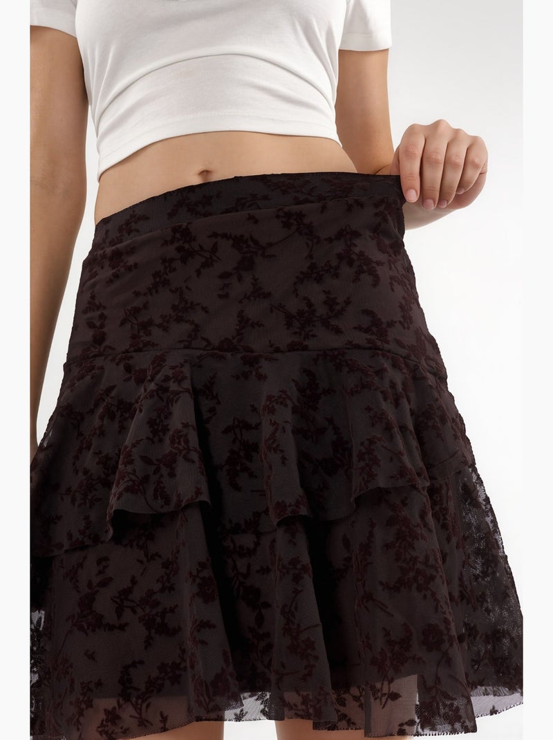 Jupe mini trapèze fleurie taille haute hiccup Marron foncé - Kiabi