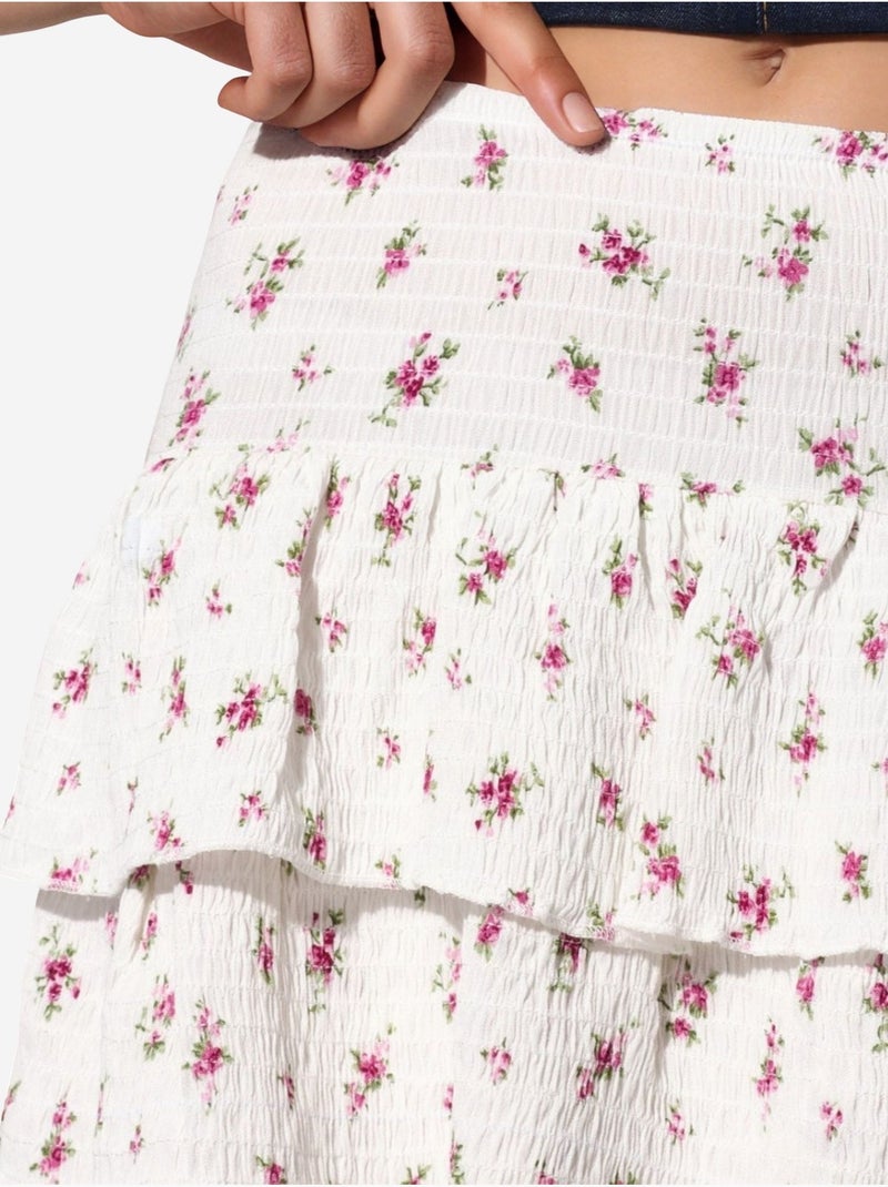 Jupe patineuse courte taille haute à fleurs busem Blanc cassé - Kiabi