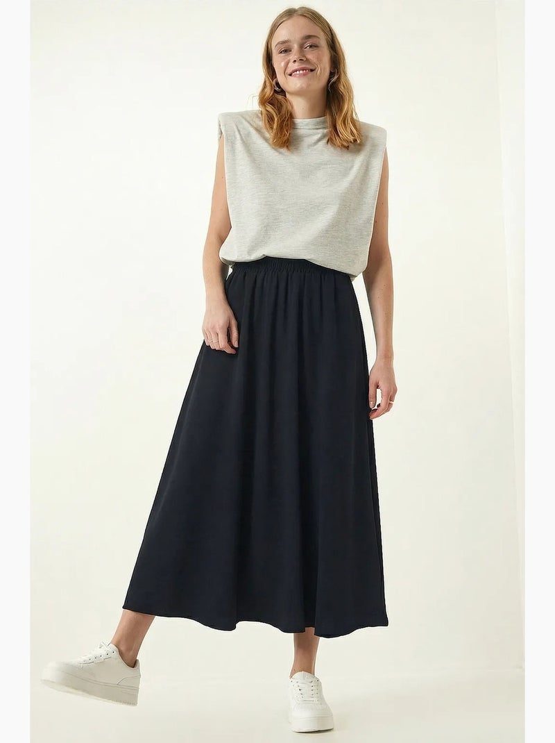Jupe patineuse maxi taille haute avec poches istanbul Bleu marine - Kiabi
