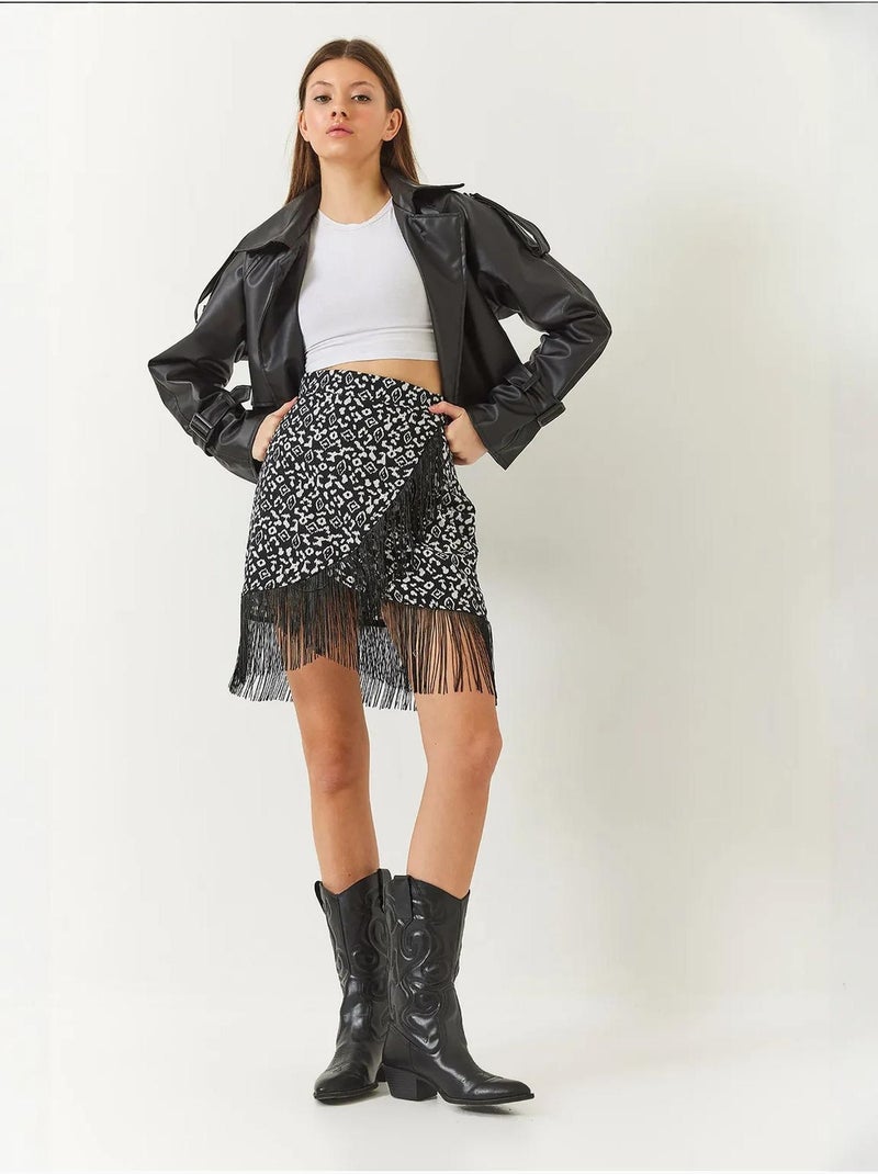 Jupe portefeuille à motifs et pompons bianco lucci Noir - Kiabi