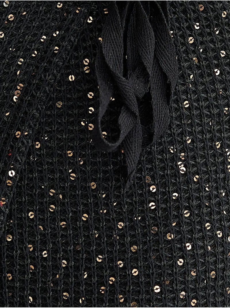 Jupe portefeuille tricotée à sequins avec ourlet sans couture et ceinture Noir - Kiabi