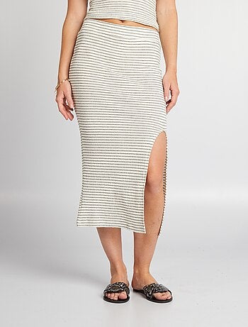 Jupe Longue En Jersey Texturé Indigo Rayée | Bas | PLT FR
