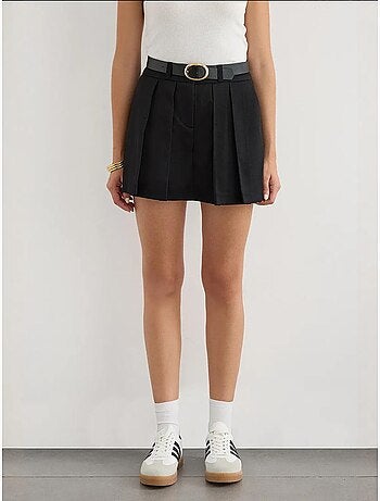 Jupe-short en coton taille mi-haute à plis sur le devant