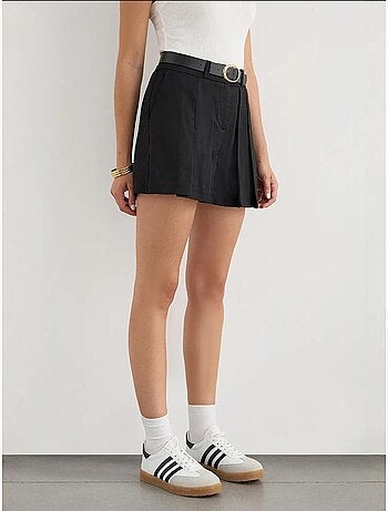 Jupe-short en coton taille mi-haute à plis sur le devant